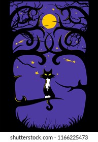 Black cat sits on a tree branch with night sky, moon and stars on background.