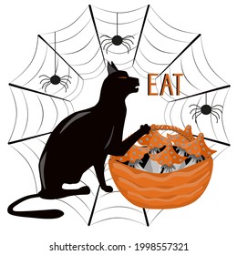 A black cat sits on a web surrounded by spiders and holds a paw on a basket with fly agarics. Isolated vector illustration with lettering Eat for invitation, poster, postcard of clothing print banner 