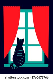 A black cat sits on a windowsill and looks out the window. Pets.