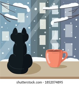 Black cat sits on the windowsill next to a hot cup of coffee/tea and looks at the falling snow outside the window. Winter vector flat illustration.