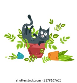 A black cat sits in a potted flower. The prankster cat turned over all the flowers. Vector illustration