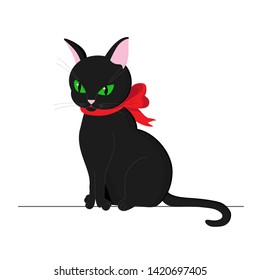 A black cat sits with a red bow around his neck. Cat as a gift.