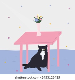 a black cat sits under the table, there is a vase on the table