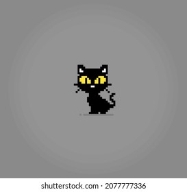 Black cat is sitting in 8 bit pixel art. Animals for game assets in vector illustration.