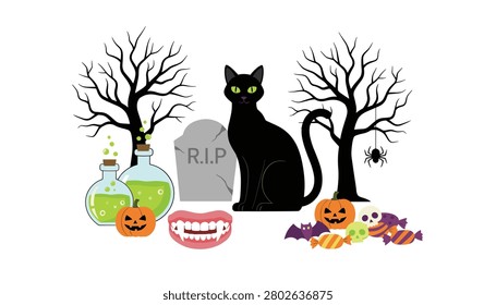 Black cat sitting beside a tombstone near leafless trees with vampire teeth and potions along with assorted Halloween candy and creepy bats.