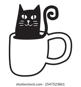 A black cat sitting in a coffee cup. Outline vector illustration on white background.