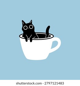 Black Cat Sitting in Coffee Cup Illustration