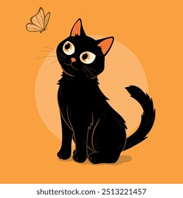 Gato negro sentado, curiosamente mirando mariposa