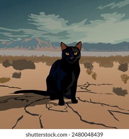 A black cat is sitting in the desert. The illustration is made mainly in warm colours. The picture conveys calmness, silence, pleasure, loneliness.