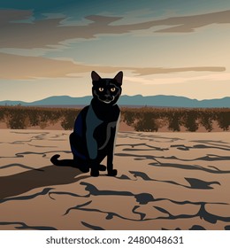 A black cat is sitting in the desert. The illustration is made mainly in warm colours. The picture conveys calmness, silence, pleasure, loneliness.