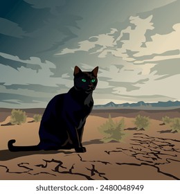 A black cat is sitting in the desert. The illustration is made mainly in warm colours. The picture conveys calmness, silence, pleasure, loneliness.