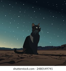 A black cat is sitting in the desert at night against the starry sky. The illustration is made mainly in cold colours. The picture conveys calmness, silence, pleasure, loneliness, pride, and grandeur.