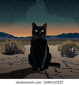 A black cat is sitting in the desert at night against the starry sky. The illustration is made mainly in cold colours. The picture conveys calmness, silence, pleasure, loneliness, pride, and grandeur.