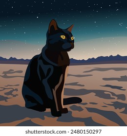 A black cat is sitting in the desert at night against the starry sky. The illustration is made mainly in cold colours. The picture conveys calmness, silence, pleasure, loneliness, pride, and grandeur.