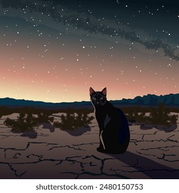 A black cat is sitting in the desert at night against the starry sky. The illustration is made mainly in cold colours. The picture conveys calmness, silence, pleasure, loneliness, pride, and grandeur.