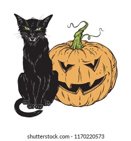 Black cat sitting with halloween pumpkin isolated over white background vector illustration. Witches familiar spirit animal, gothic style card or poster design