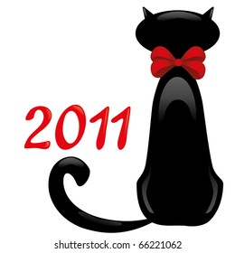 A Black Cat sitting with his back to you in red bow and 2011 near, vector illustration. Card for 2011 year - Cat year