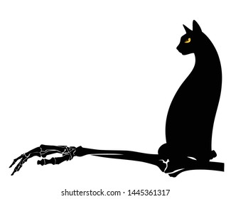 black cat sitting with human skeleton hand - halloween theme witchcraft vector design