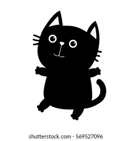 Black cat sitting icon. Cute funny cartoon smiling character. Kawaii animal. Big tail, whisker, eyes. Happy emotion. Kitty kitten Baby pet collection. White background. Isolated. Flat design. Vector