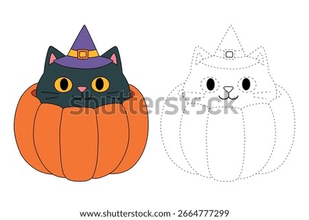 Black cat sitting inside a pumpkin coloring pages for kids. Trace and color Black cat sitting inside a pumpkin. Fun halloween activity coloring page for kids printable. 