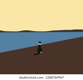 Black Cat sitting and looking away. around the lake in the early morning. Domestic cat enjoys freedom outside the house.