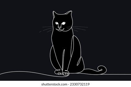 El gato negro está sentado. Día Nacional del Gato Negro. Un dibujo de línea para diferentes usos. Ilustración vectorial.