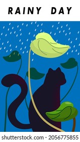 A black cat sitting near lotus leave  in raining day  isolated on blue background. The Nature of logo, sticker and products packaging concept. Vector illustration. 