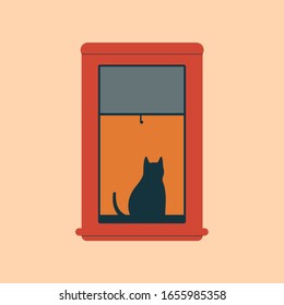 Black cat sitting near open red window in the evening. Vector illustration