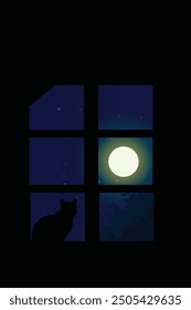 A black cat sitting near window at night