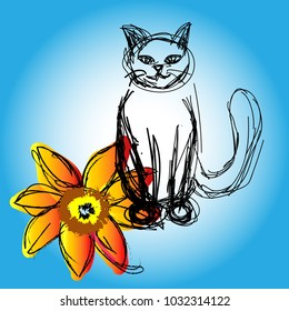 Black cat sitting next to an orange flower on a blue background