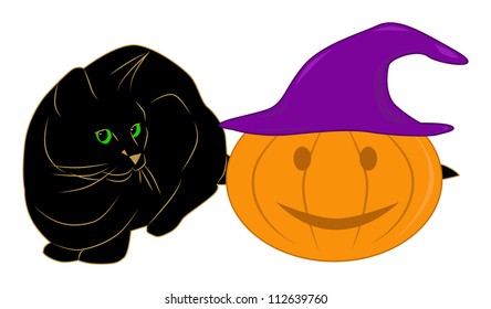 black cat sitting next to a pumpkin