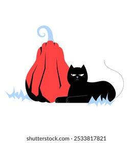 Black Cat Sitting Next To A Red Pumpkin In Flat Vector Illustration Symbolizing Halloween, Spooky Vibes, And Autumn Festivities, Isolated On White Background.