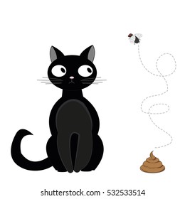 Black cat sitting next to turd over which flies fly. Vector illustration