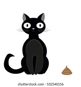 Black cat sitting next to turd. Vector illustration