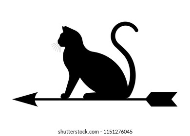 Black cat sitting on black arrow. Vector silhouettes. Concept of vane.