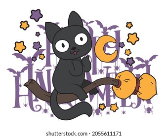 black cat sitting on a broom with moon and star in Halloween concept 