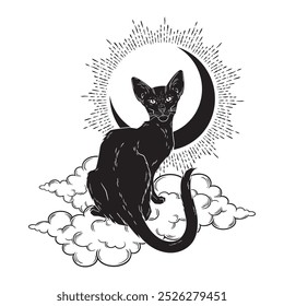 Black cat sitting on a cloud with crescent moon. Witch familiar spirit, halloween or pagan witchcraft theme print design vector illustration