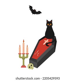 Black cat sitting on coffin illustration for Halloween. vector illustration