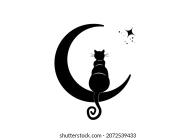 Black Cat sitting on the crescent Moon, look at the stars. Logo Wicca symbol, boho style, tattoo icon. Vector illustration isolated on white background