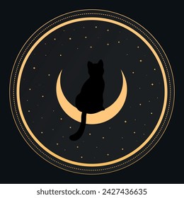 Black cat sitting on a crescent. Back view. Magic and sorcery background. Vector illustration