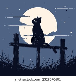 A black cat sitting on a fence, its silhouette stark against the moonlit sky. Vector illustration.