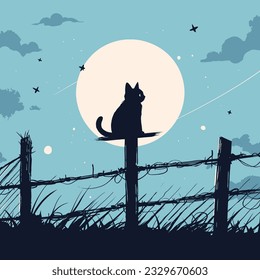 A black cat sitting on a fence, its silhouette stark against the moonlit sky. Vector illustration.