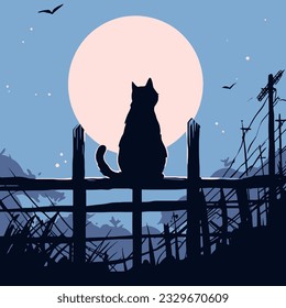 A black cat sitting on a fence, its silhouette stark against the moonlit sky. Vector illustration.