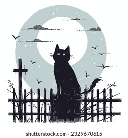 A black cat sitting on a fence, its silhouette stark against the moonlit sky. Vector illustration.