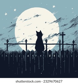 A black cat sitting on a fence, its silhouette stark against the moonlit sky. Vector illustration.