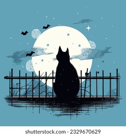 A black cat sitting on a fence, its silhouette stark against the moonlit sky. Vector illustration.