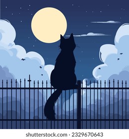 A black cat sitting on a fence, its silhouette stark against the moonlit sky. Vector illustration.