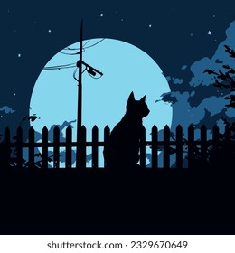 A black cat sitting on a fence, its silhouette stark against the moonlit sky. Vector illustration.