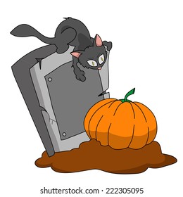 Black cat sitting on a gravestone and looking at the big Halloween pumpkin, sketch illustration.