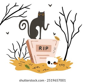 gato preto sentado em lápide no cemitério de outono no Halloween.